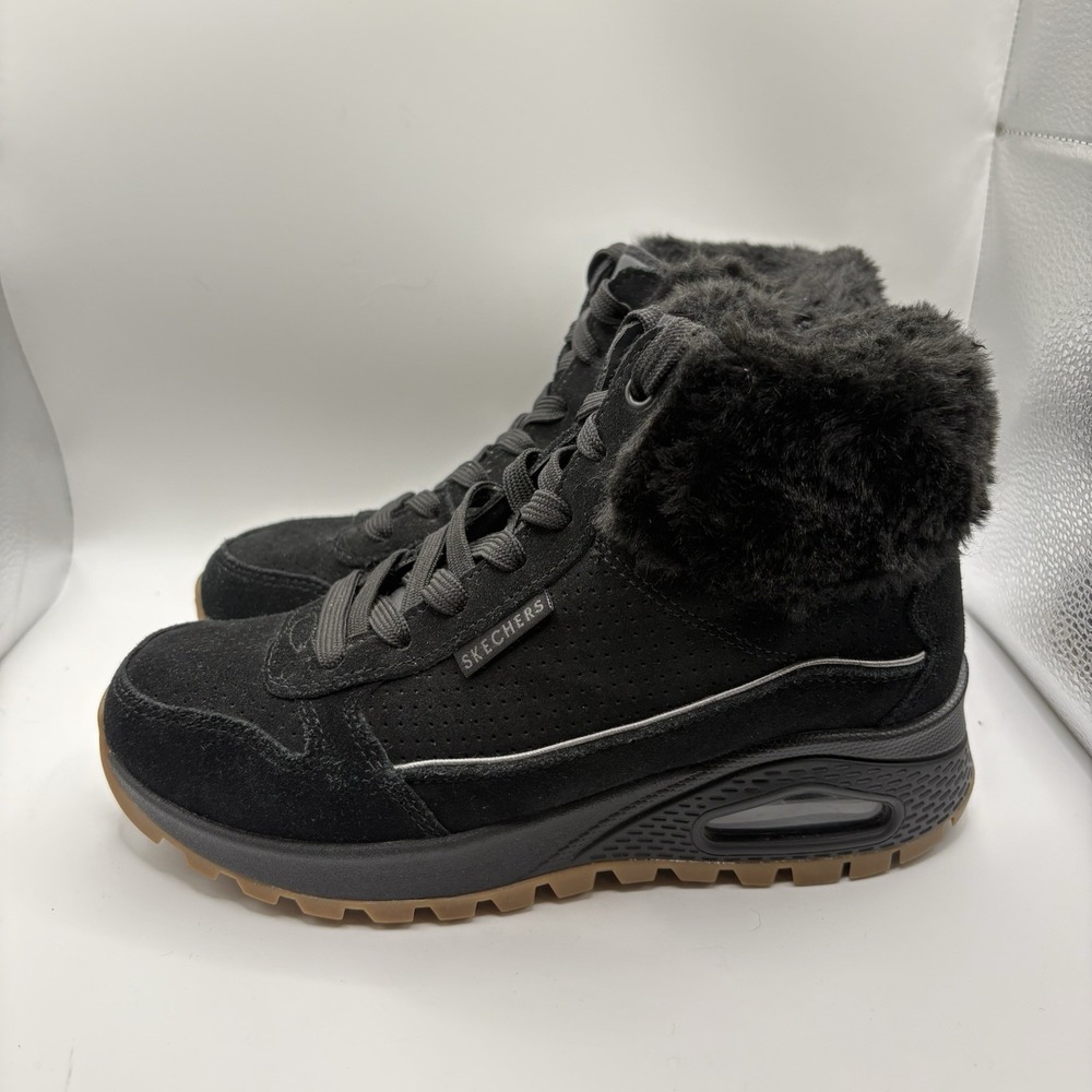 Skechers Womens Uno Rugged Wintriness 167822 Black Suede Fuzzy Boots Size 7